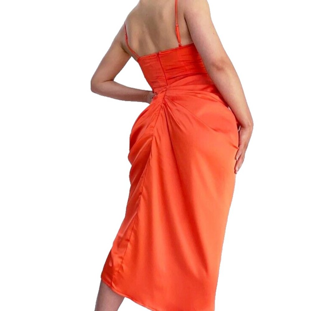 Pretty Little Thing corset dress size 8 bright orange satin ruched skirt New - Picture 2 of 12